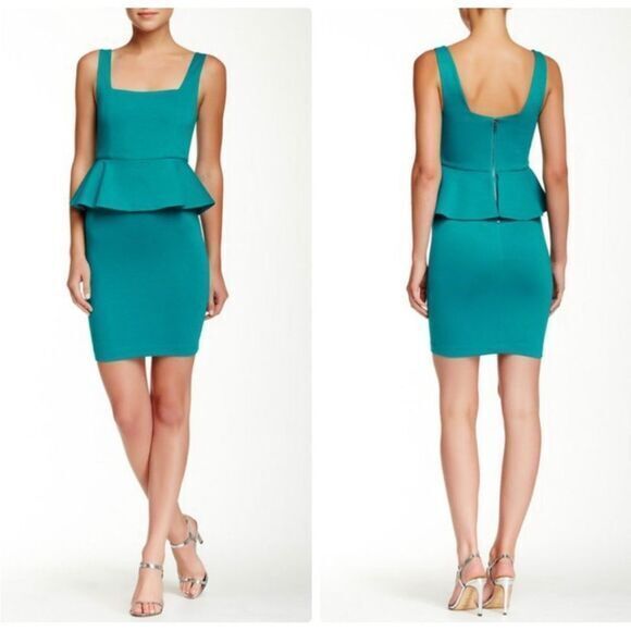 Alice + Olivia Women's Georgina Teal Peplum Dress Size 4 Square Neck Sleeveless